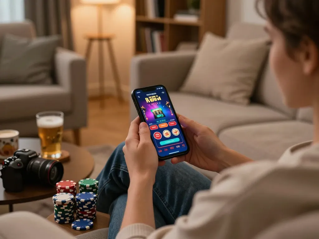 Engaged gambling on mobile app at home, discussing online casinos in Canada reddit strategy.