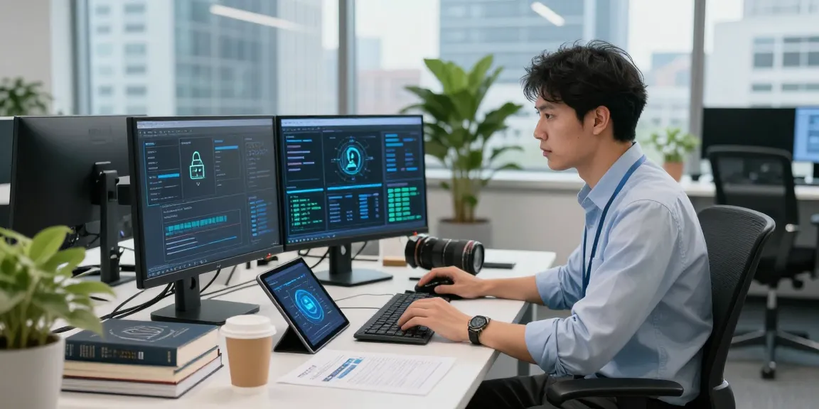 Cybersecurity analyst reviewing protocols at https://shs-dome5.com/ workspace with dual monitors.