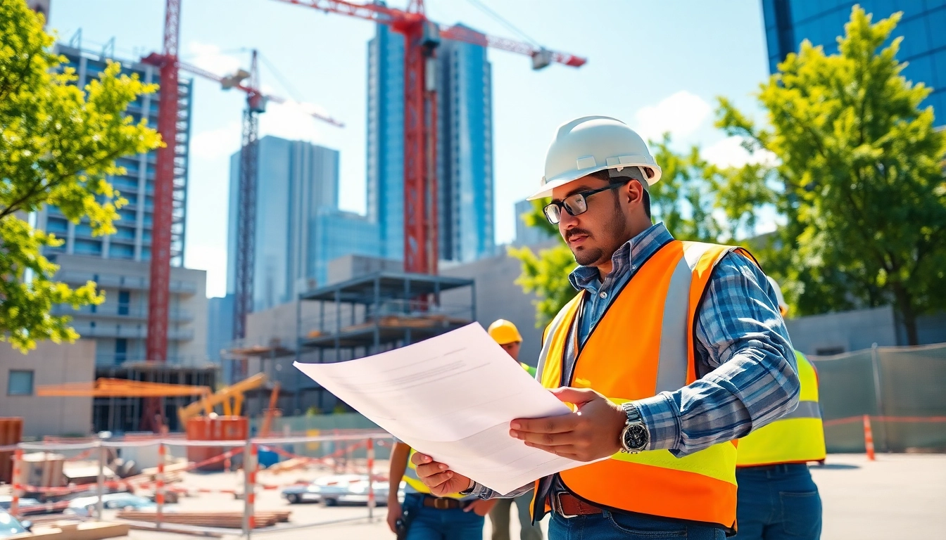 Engaging New York City General Contractor managing a vibrant construction site with blueprints.