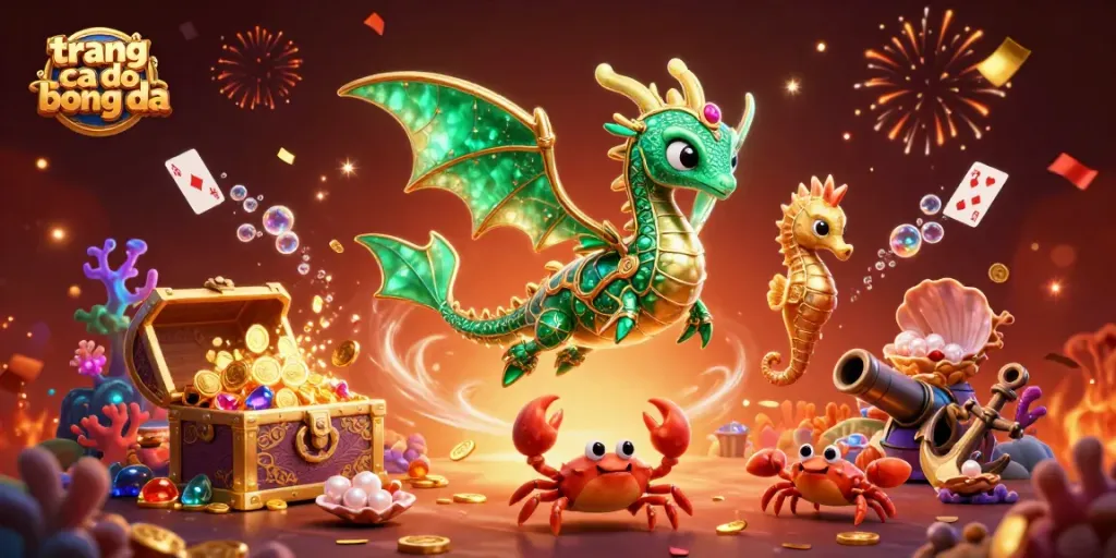 Trang ca độ bóng đá với hình ảnh rồng biển 3D và kho báu đầy vàng và ngọc.