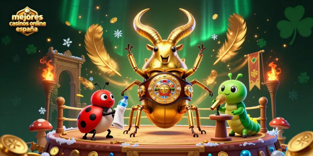 Ilustración vibrante de los mejores casinos online España con un escarabajo dorado y una luciérnaga en un escenario de combate.