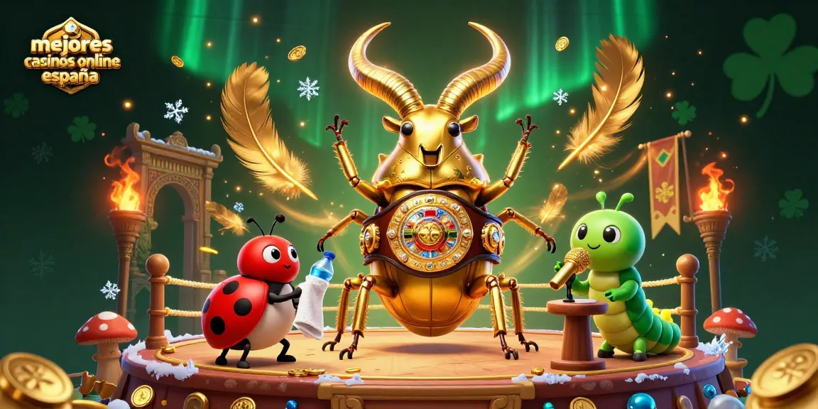 Ilustración vibrante de los mejores casinos online España con un escarabajo dorado y una luciérnaga en un escenario de combate.