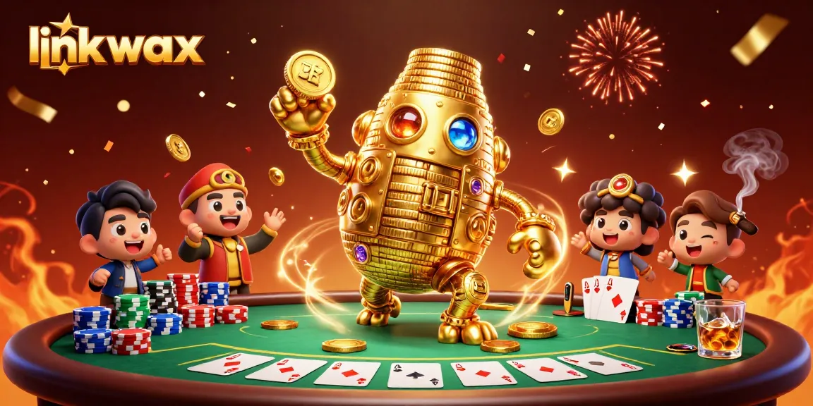 Win big with link vmax as golden golem spins at a vibrant poker table filled with chips and cards.