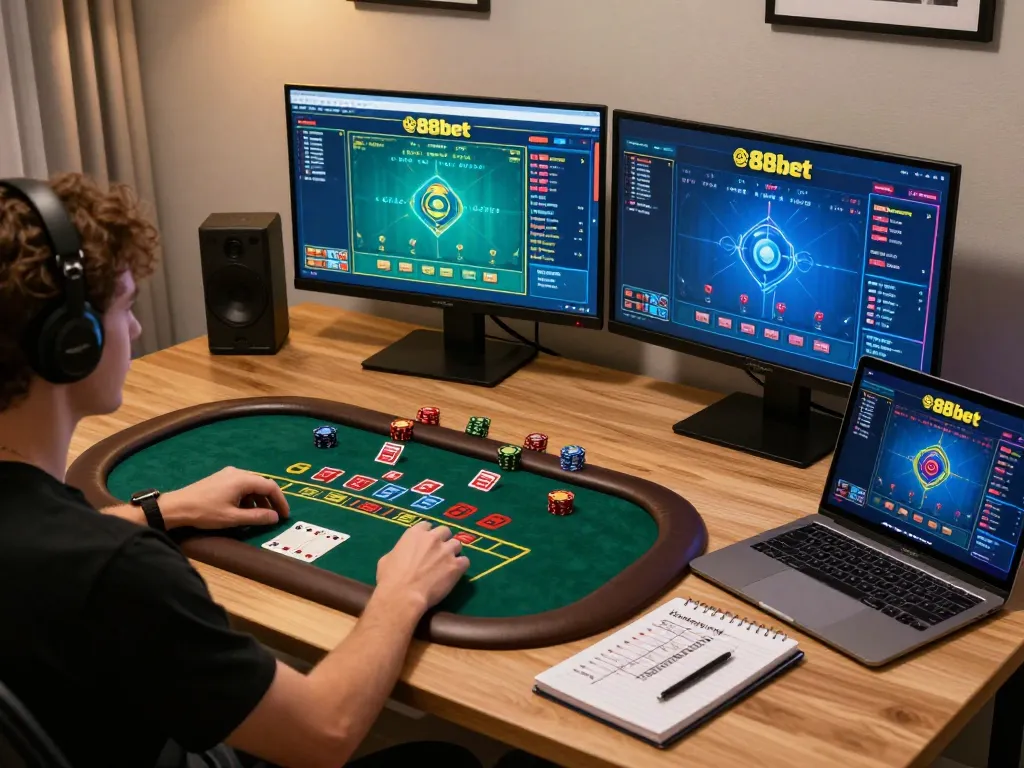 Engaging in live dealer blackjack on 388bet platform in a cozy home office setting.