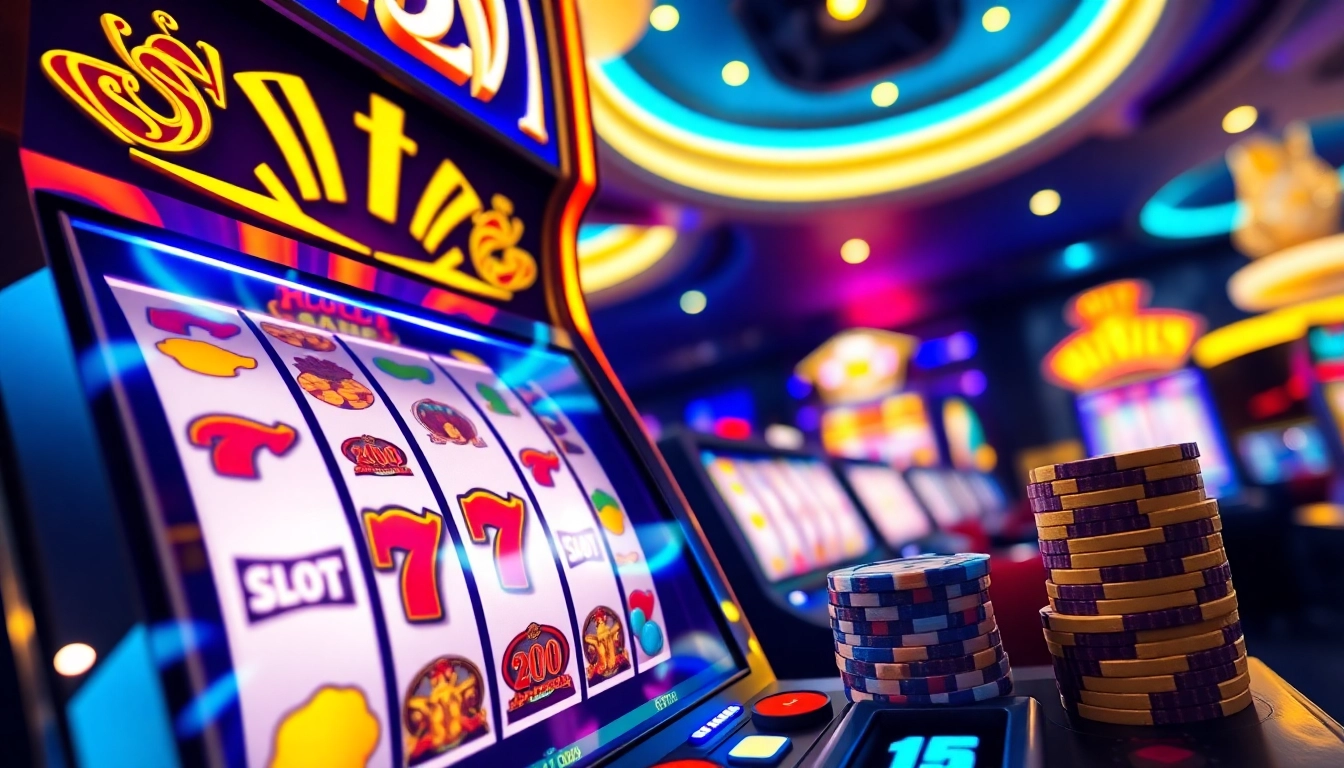 Slot77 menampilkan mesin slot dalam suasana kasino yang cerah dan menarik.