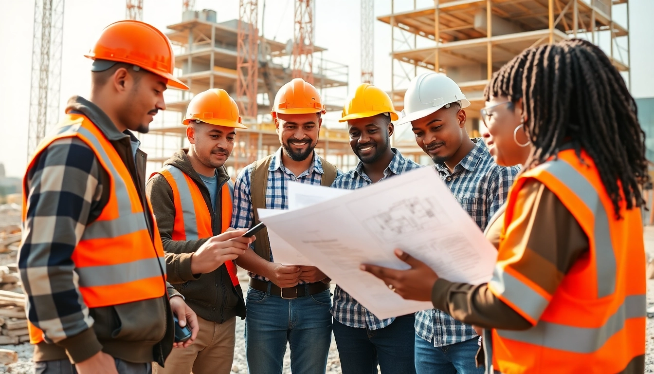 Participants in a construction apprenticeship engaged in hands-on training on a vibrant job site.