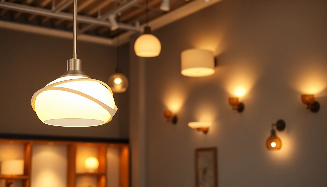 Showcasing diverse lighting solutions with modern fixtures in an artistic interior setting.