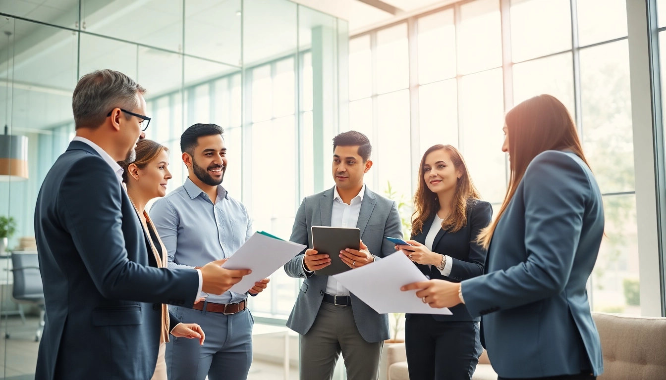 Engaging business consultants in Dubai reviewing strategies in a modern office setting.