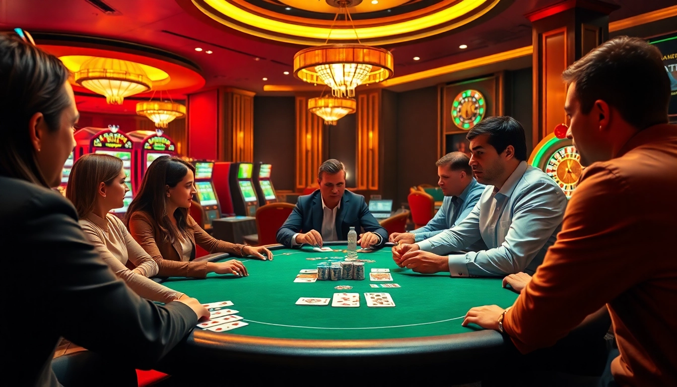 Excited players strategizing with a migration lawyer Melbourne at a casino poker table.