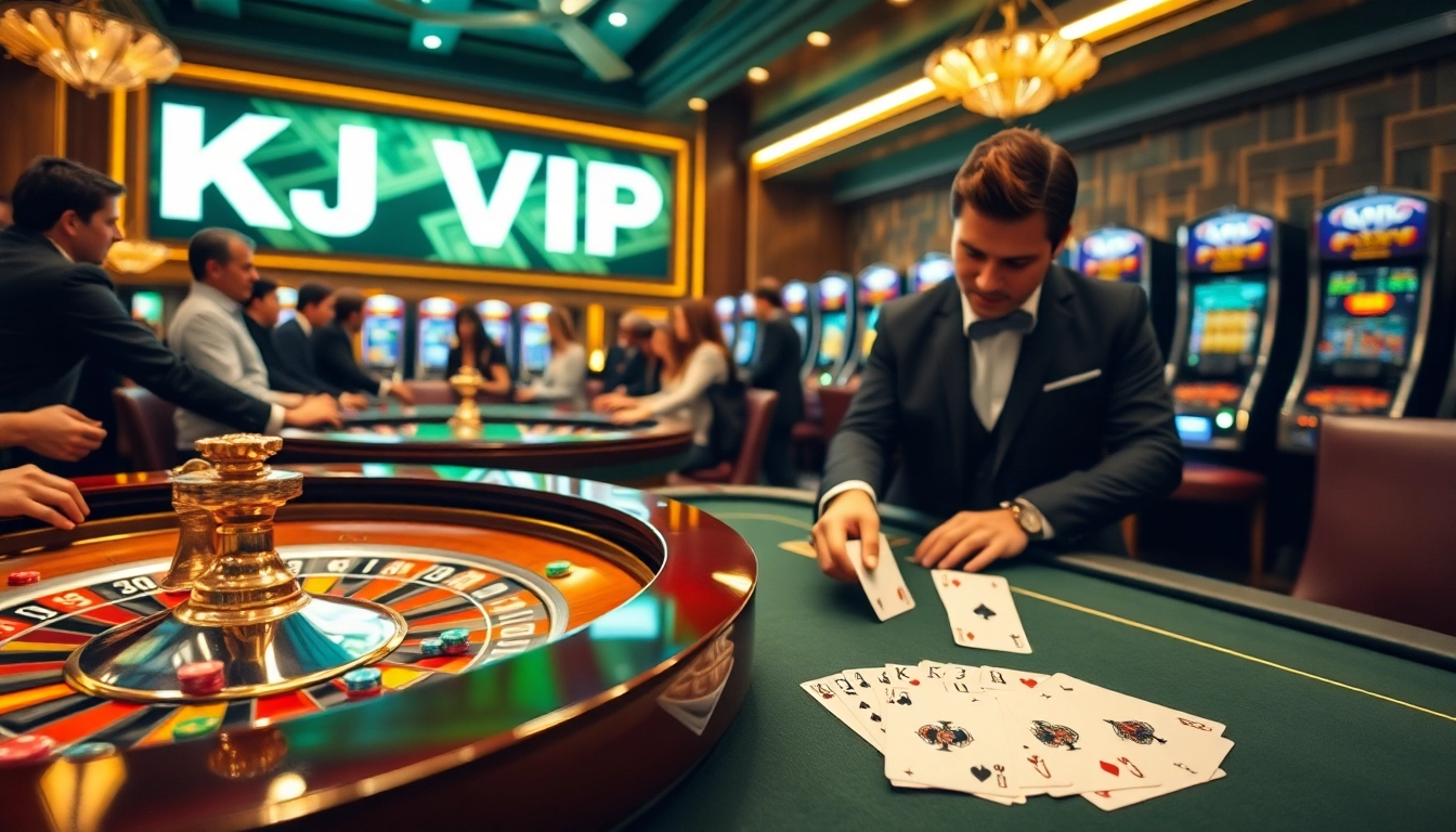 Players engaging in a thrilling casino experience at KJC VIP, surrounded by roulette tables, cards, and vibrant betting chips.