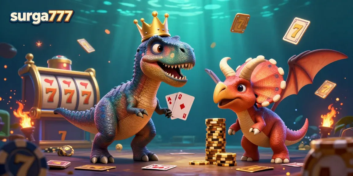 Emotikon ceria surga777 dengan karakter dino bermain judi di kasino virtual.