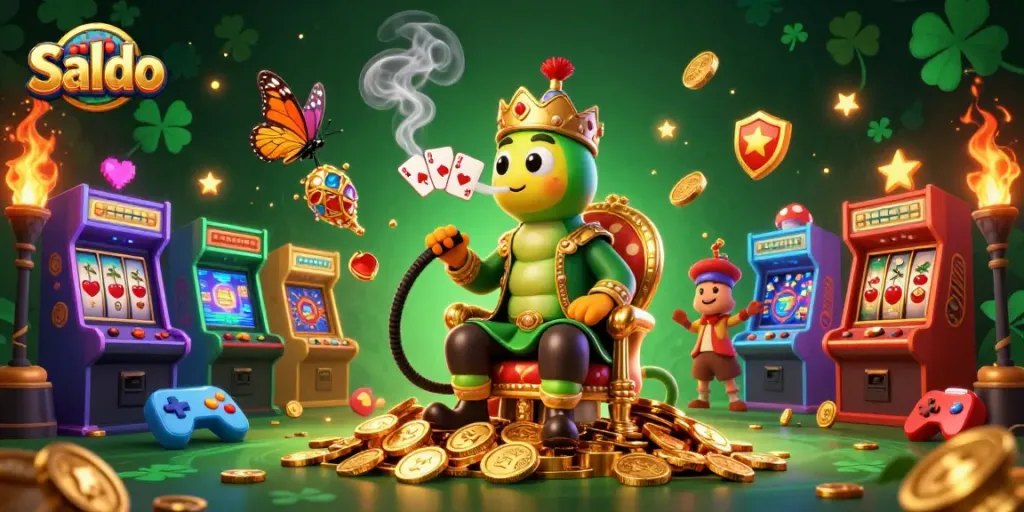Saldo mesin slot menggoda dengan karakter lucu dan elemen kasino berkilau, tingkatkan pengalaman bermain Anda.