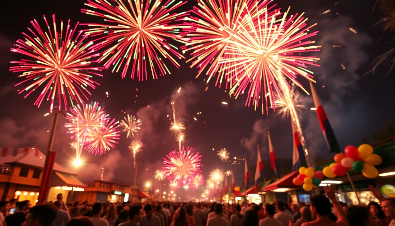 People enjoying cheap fireworks near me during a vibrant night celebration with colorful displays.