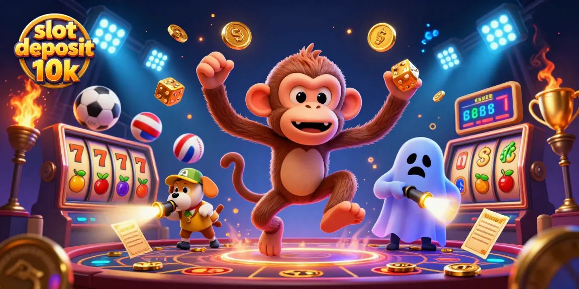 Engage in thrilling slot deposit 10k actions with golden symbols amidst a vibrant casino scene.
