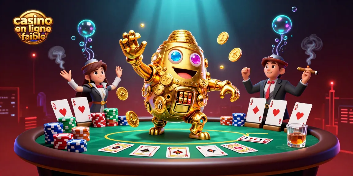 Jouer à un casino en ligne fiable avec un golem en or entouré de jetons et cartes de poker.