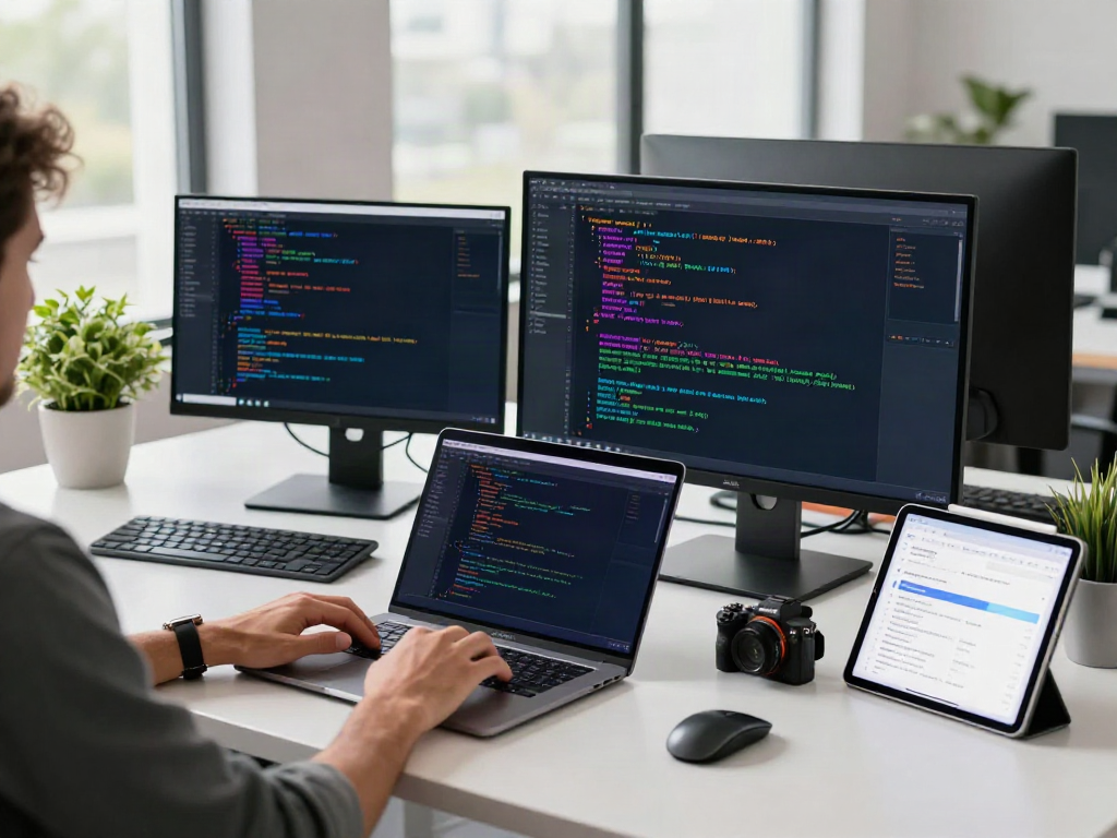 Developer coding with brave浏览器 in a modern tech workspace filled with gadgets and natural light.