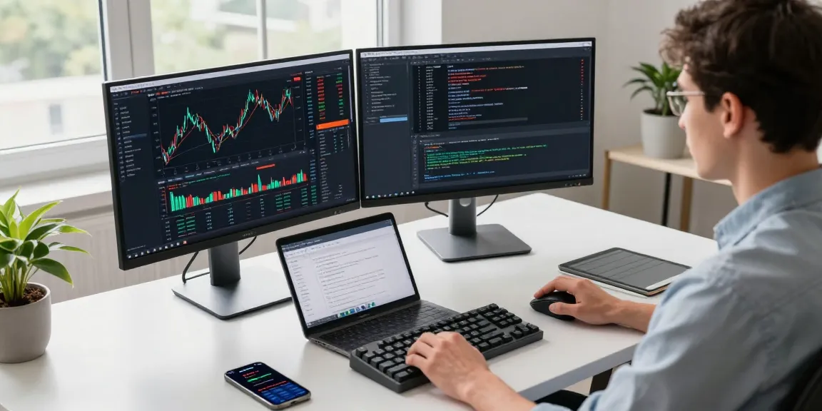 开发者使用台股WebSocket推送接口进行实时市场数据分析，现代办公室环境中专注工作，展示技术与交易策略的结合。