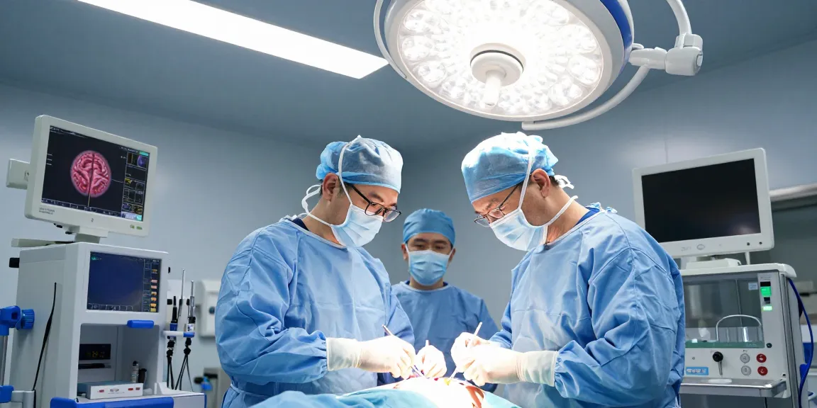 Brain tumor surgery scene showing a neurosurgeon, medical team, and advanced technology during a beyin tümörü ameliyatı.