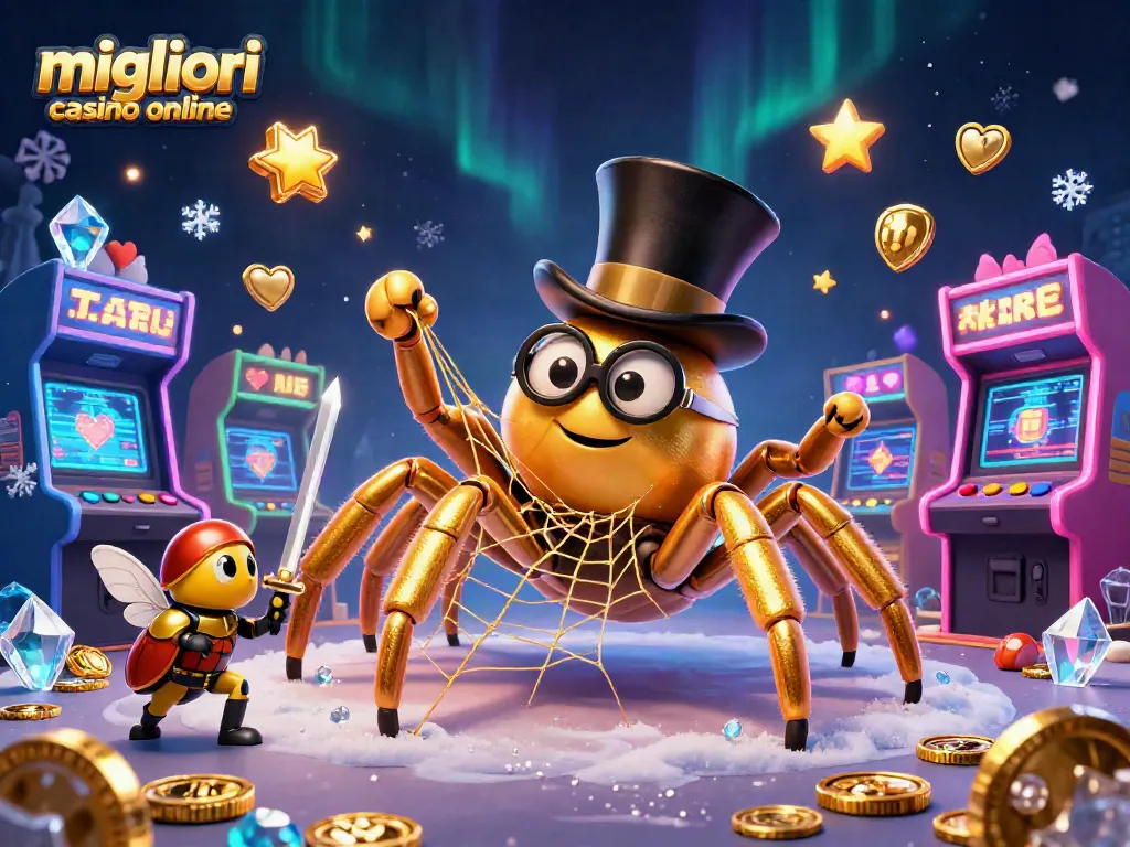 Giocatori esplorano i migliori casino online con una tarantola dorata e un cavaliere, tra giochi e luci.