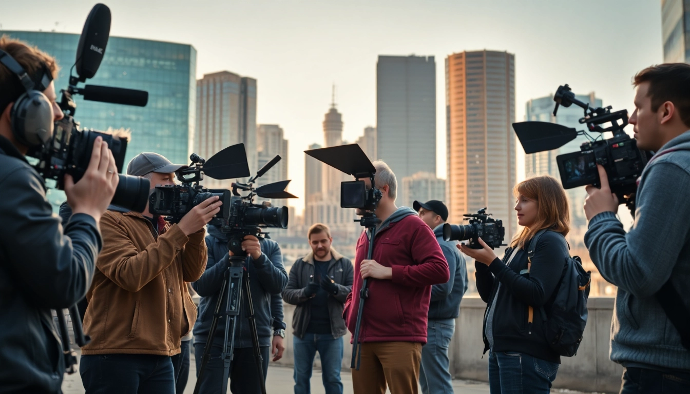 Engaged team filming with edmonton production companies in an urban setting.