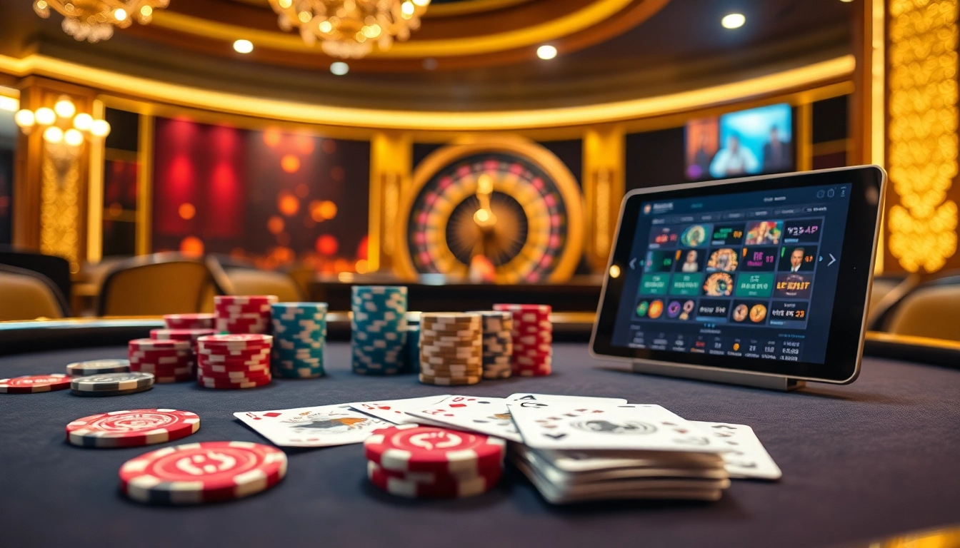 Découvrez l'excitation du casino en ligne Français 2026 avec une scène de poker luxueuse remplie de jetons vibrants.