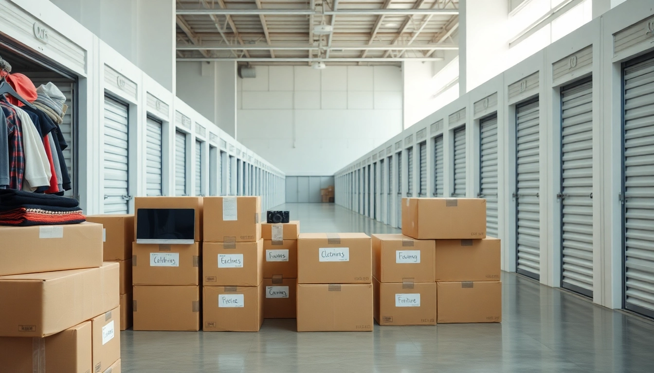 Organized self storage units with labeled boxes for efficient storage solutions.