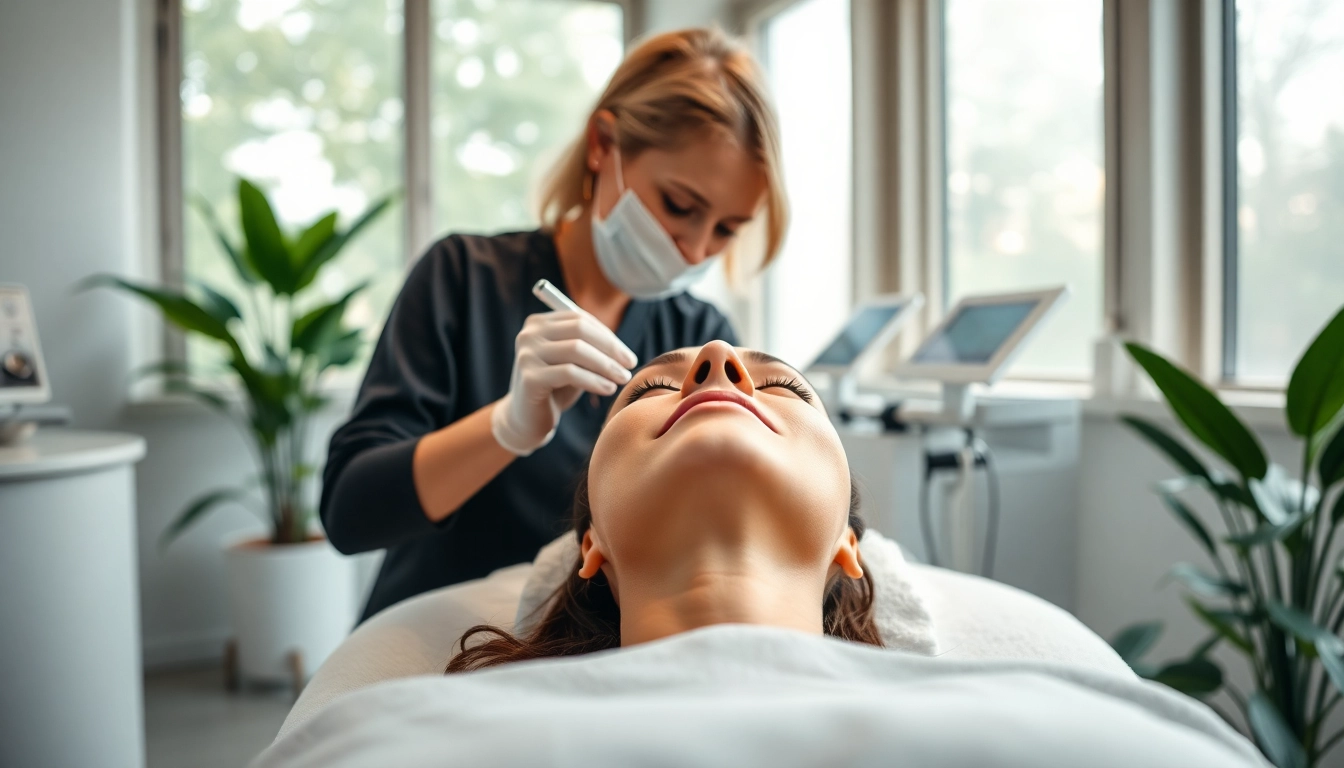 Aesthetic treatments in a luxurious clinic with a practitioner and a relaxed client.