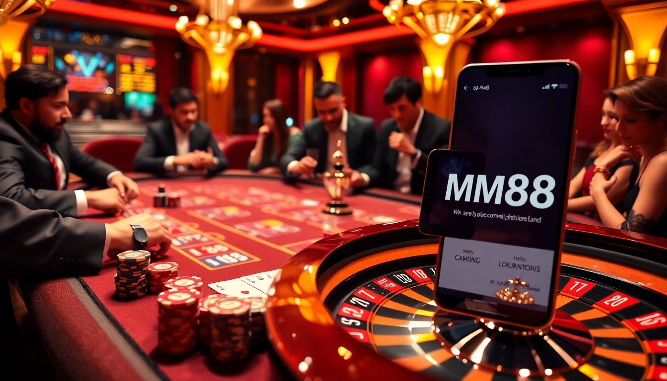 Engaging gamblers at https://mm88.land/ with vibrant poker tables and dynamic casino atmosphere.