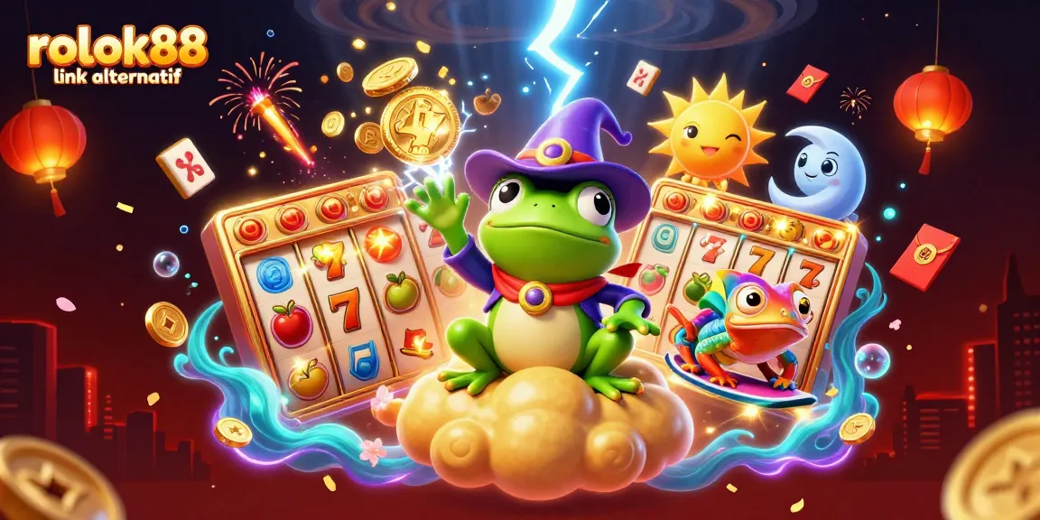 Experience the thrill of rokok88 link alternatif with a vibrant 3D casino fantasy scene filled with golden coins and slot reels.