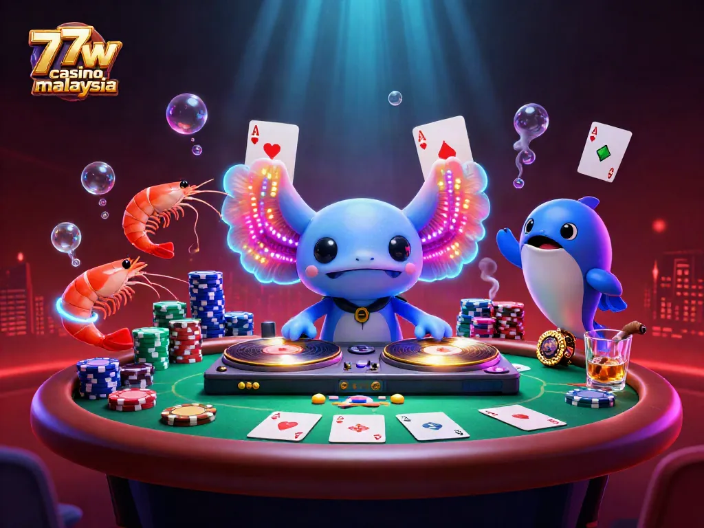 Spin to win at 77w casino malaysia featuring vibrant underwater casino scene with axolotl DJ.