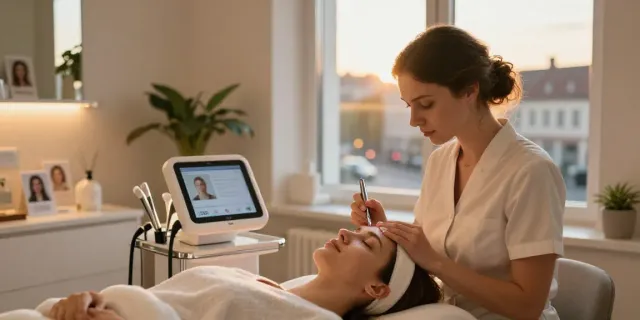 Client receiving CCeye® treatment in serene beauty room, focusing on Augenringe abdecken.