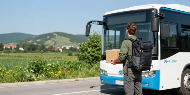 Transport colete Moldova Europa - călător cu rucsac lângă autobuz Davo Group în peisaj natural.