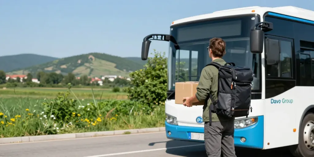 Transport colete Moldova Europa - călător cu rucsac lângă autobuz Davo Group în peisaj natural.