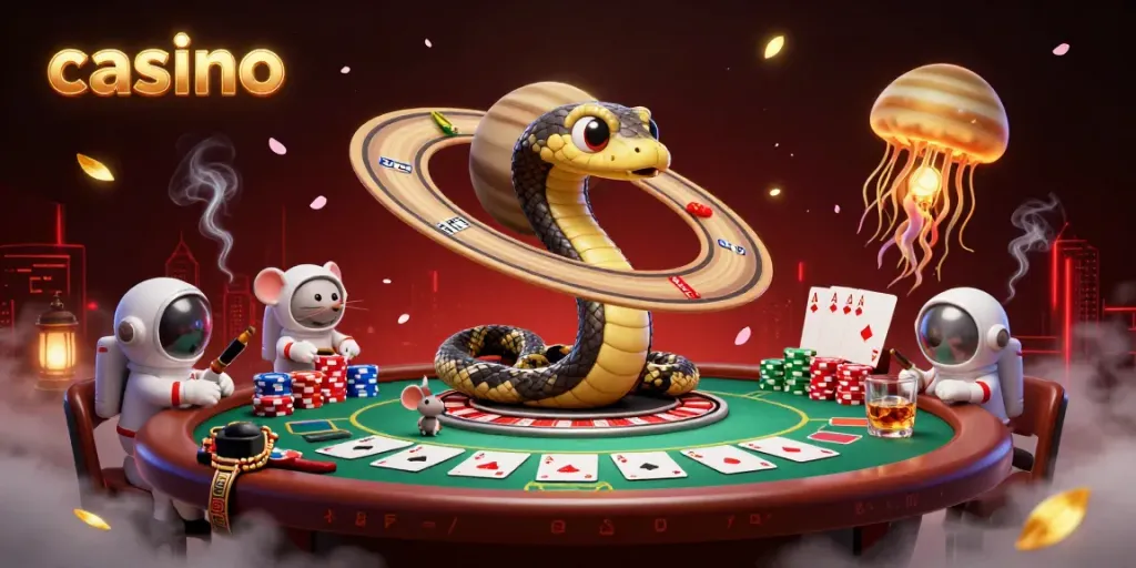 Experience a vibrant casino scene with a Saturn snake roulette and astronaut mice betting.