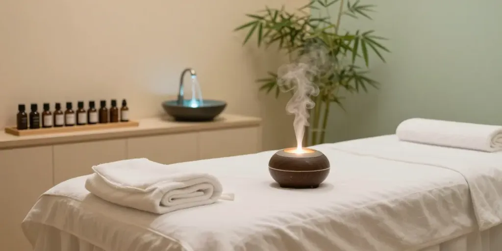 Massage therapy room for 마석출장마사지 featuring calming ambiance, essential oils, and soft lighting.
