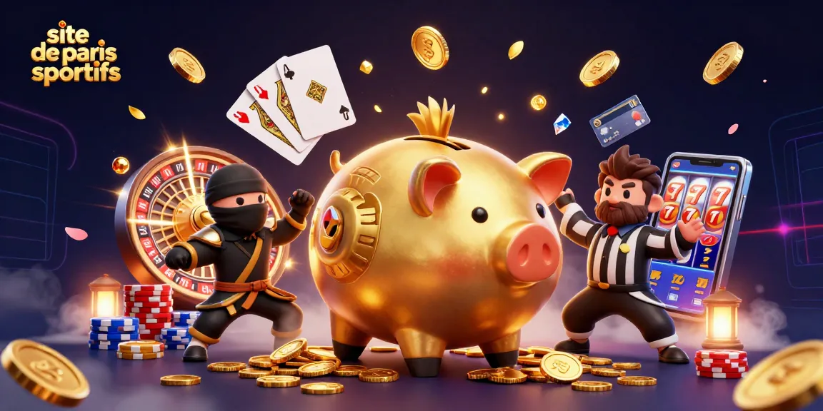 Illustration dynamique de site de paris sportifs avec un sumo en tirelire d'or, des pièces éclatantes et des éléments de jeu.