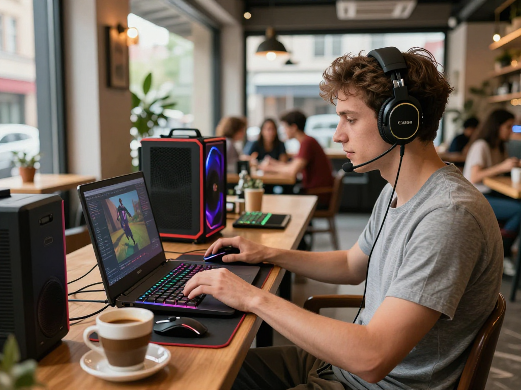 Youth gaming in a trendy café environment, showcasing rokok88 inspired lifestyle.