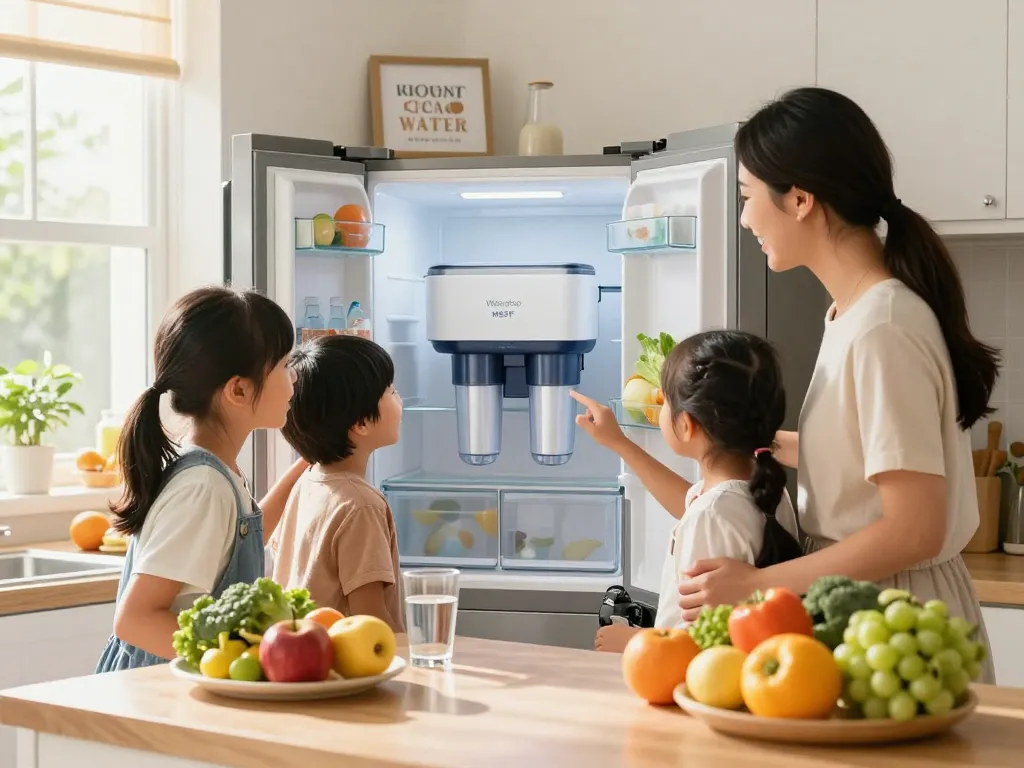 Happy family in a bright kitchen discussing the benefits of Waterdrop MSWF Refrigerator Water Filter while preparing healthy meals.