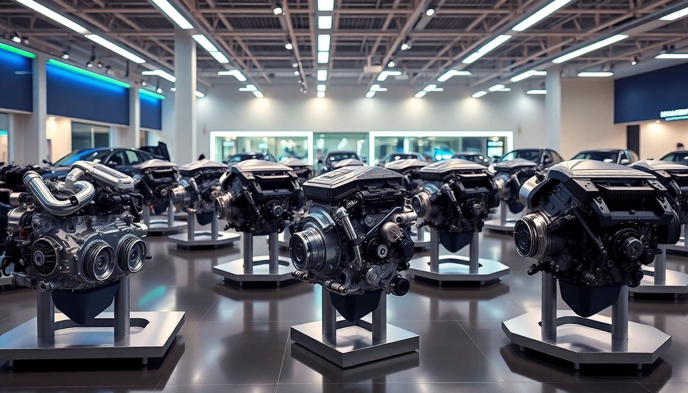 Showcase of used engines at a car dealership, illuminated to highlight features.