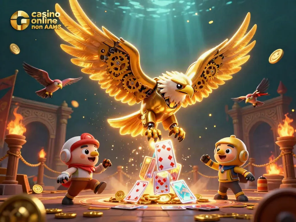 I migliori giochi in un casino online non AAMS con un'aquila aurea cyborg tra carte 3D e monete dorate
