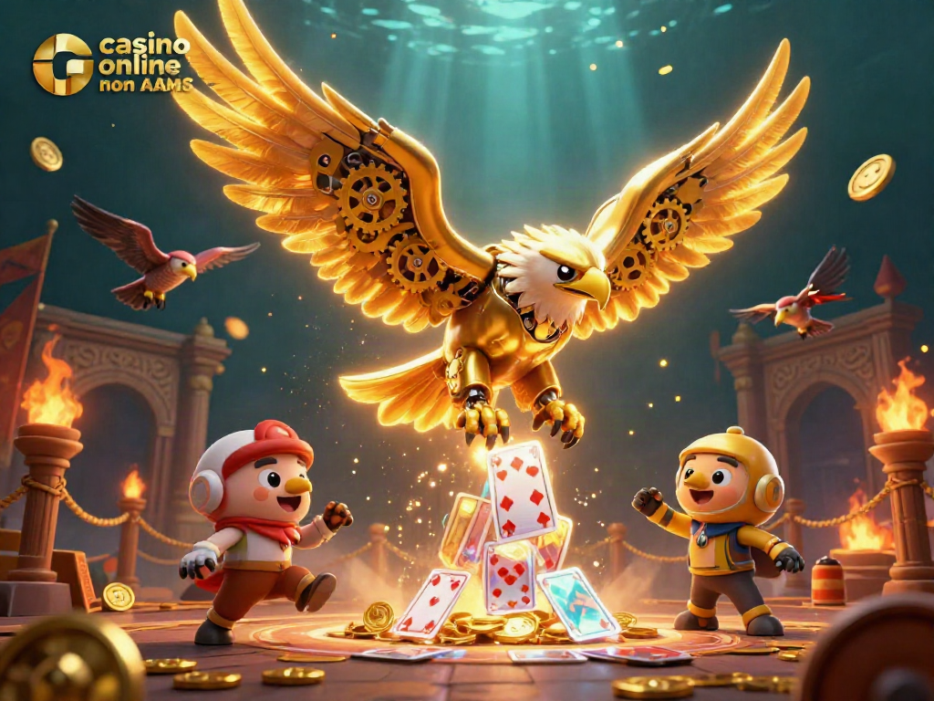 I migliori giochi in un casino online non AAMS con un'aquila aurea cyborg tra carte 3D e monete dorate