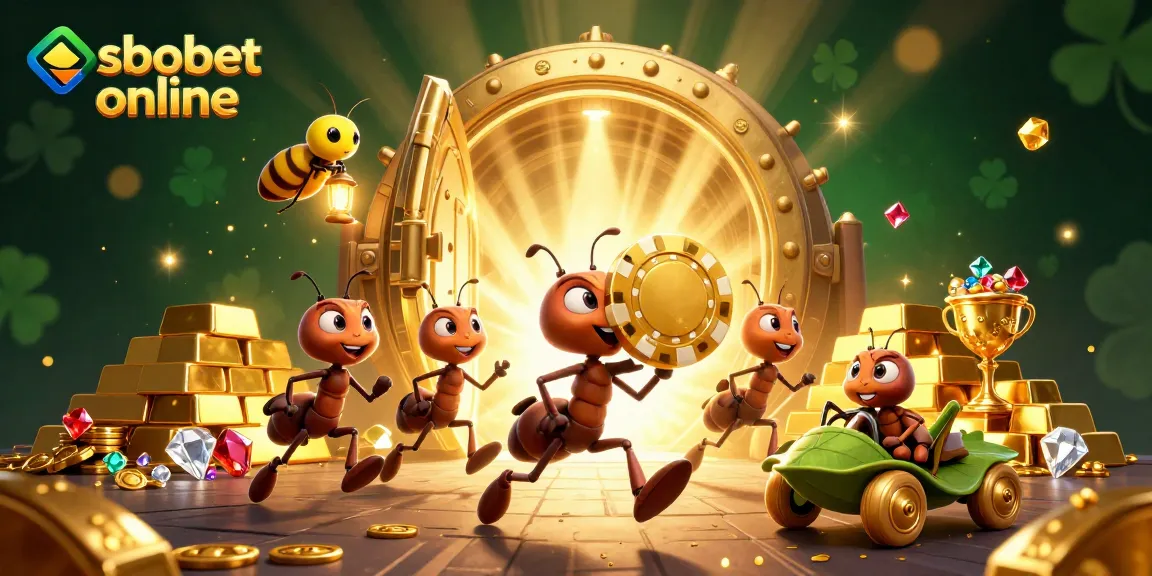 Experience sbobet online excitement with a thrilling heist scene featuring cartoon ants and dazzling treasures.