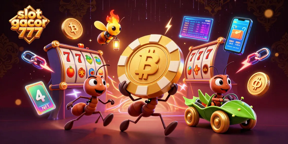 Slot gacor 777 menampilkan semut 3D mencuri chip poker emas dalam ilustrasi kasino digital yang penuh warna.
