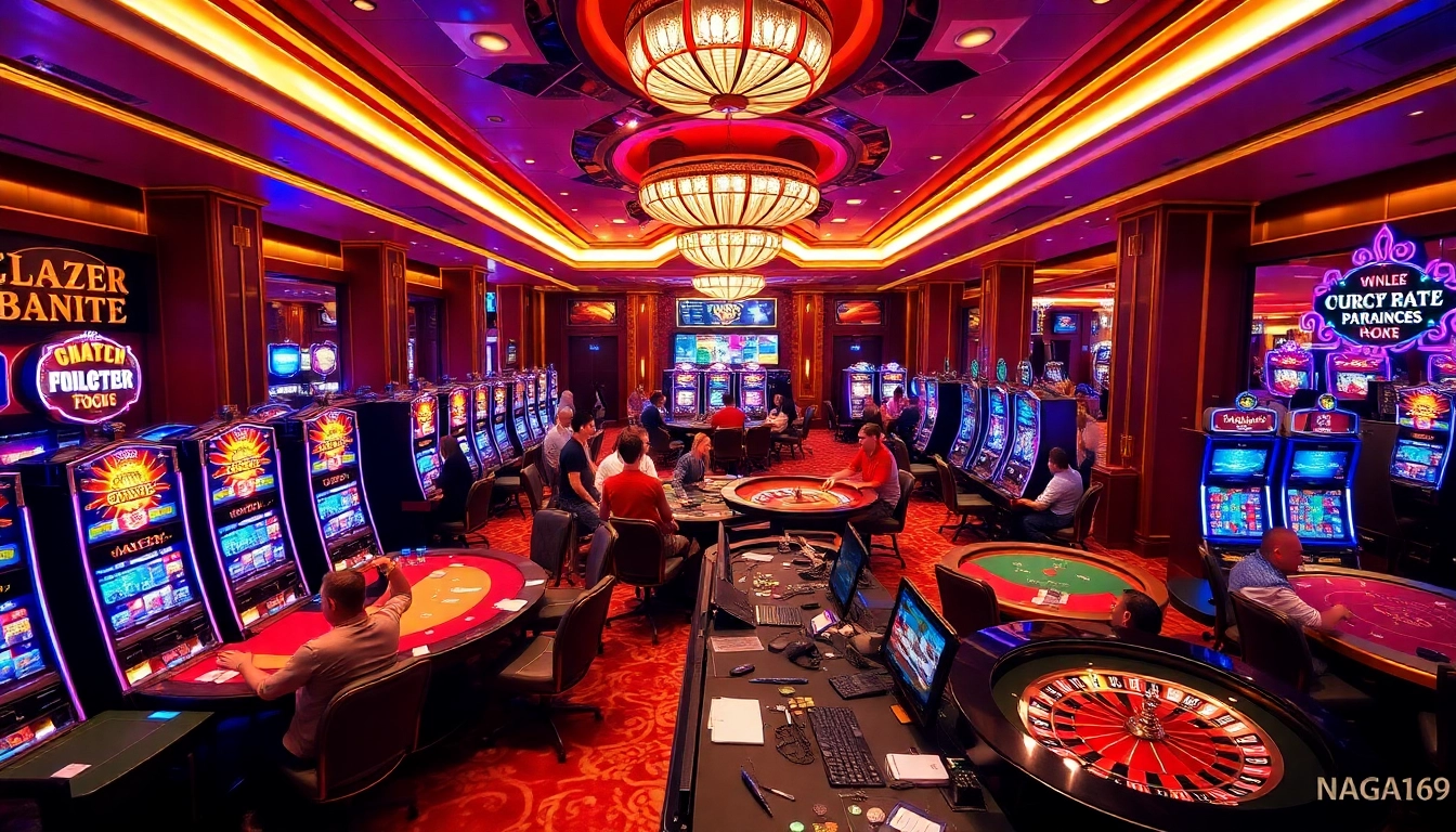 Review Naga169: Gamblers enjoying a thrilling night at an upscale casino with vibrant slots and tables