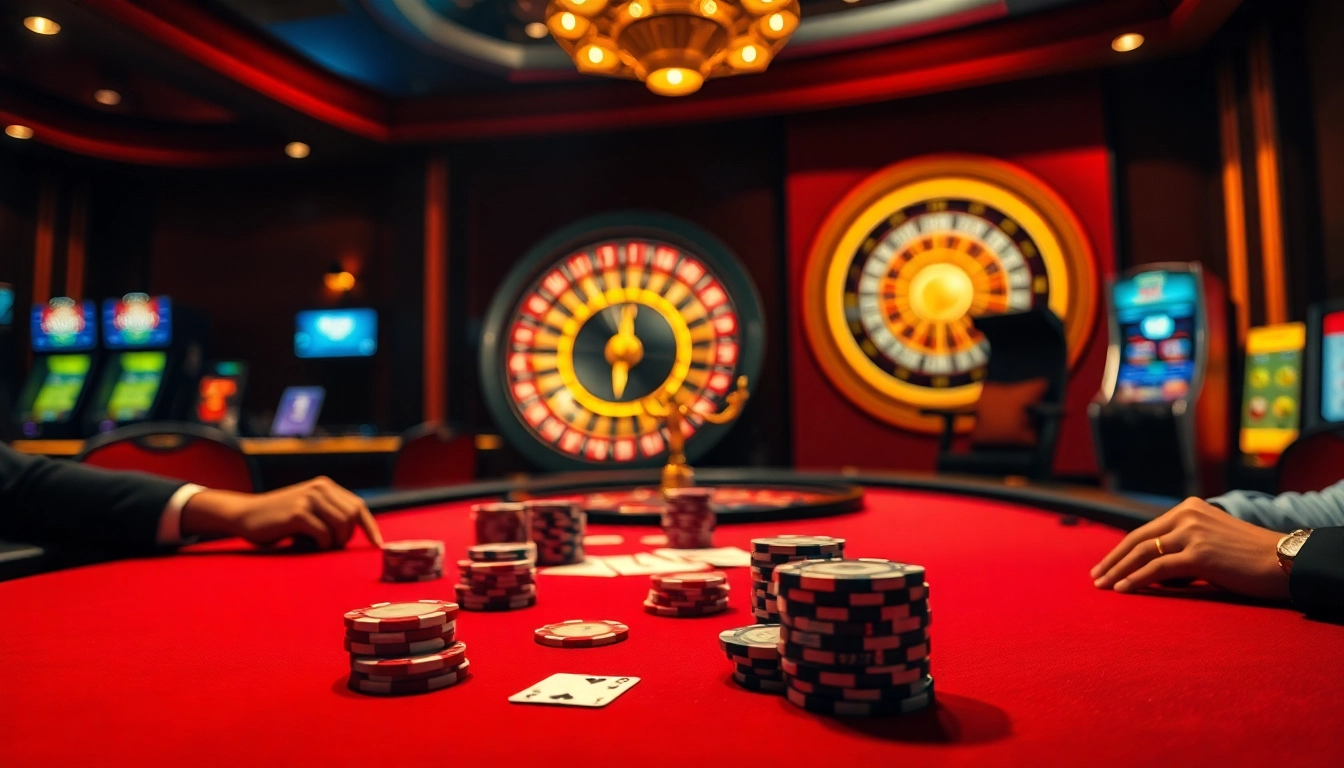 Découvrez l'excitation de Casino en Ligne Français 2026 avec une scène de poker vibrante mettant en avant des joueurs talentueux et une roulette lumineuse.