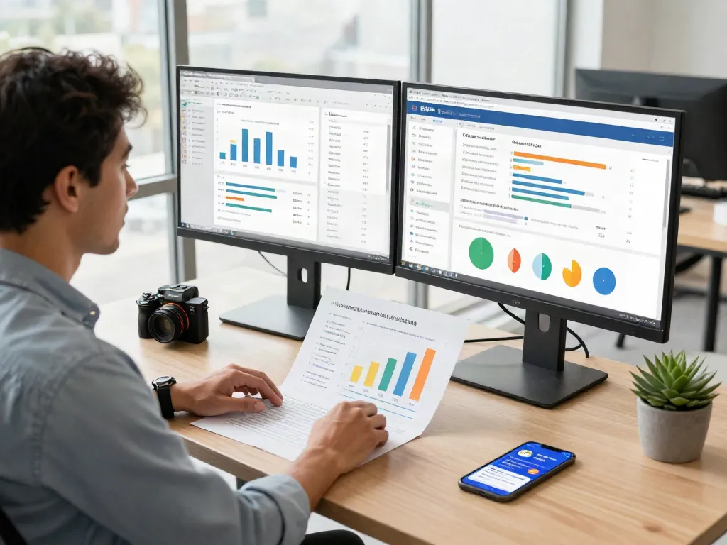 Digital marketing workspace at https://rokok88.net showcasing an analytics-focused environment with dual monitors, strategy documents, and a professional marketer.