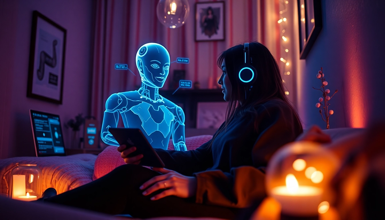 Engaging AI sex chatbot in a cozy setting with intimate lighting.