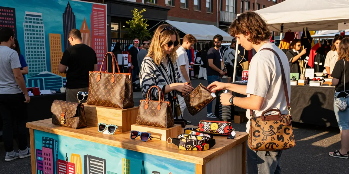 Stylish individual exploring high-quality 레플리카 handbags in a vibrant urban marketplace, showcasing trendy accessories.