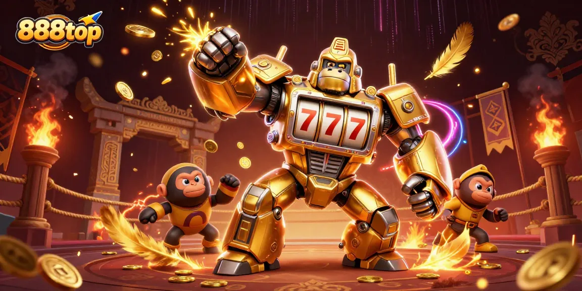 Play thrilling games at 888top, featuring a dynamic 3D gorilla mech amidst golden coins and vibrant casino elements.