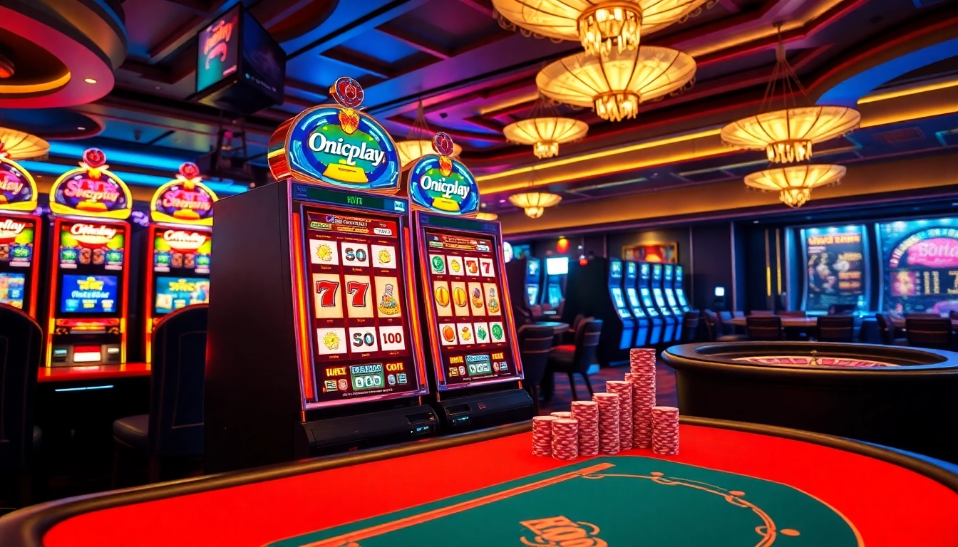 Engaging scene of a player enjoying Onicplay slot machines in a vibrant casino atmosphere.